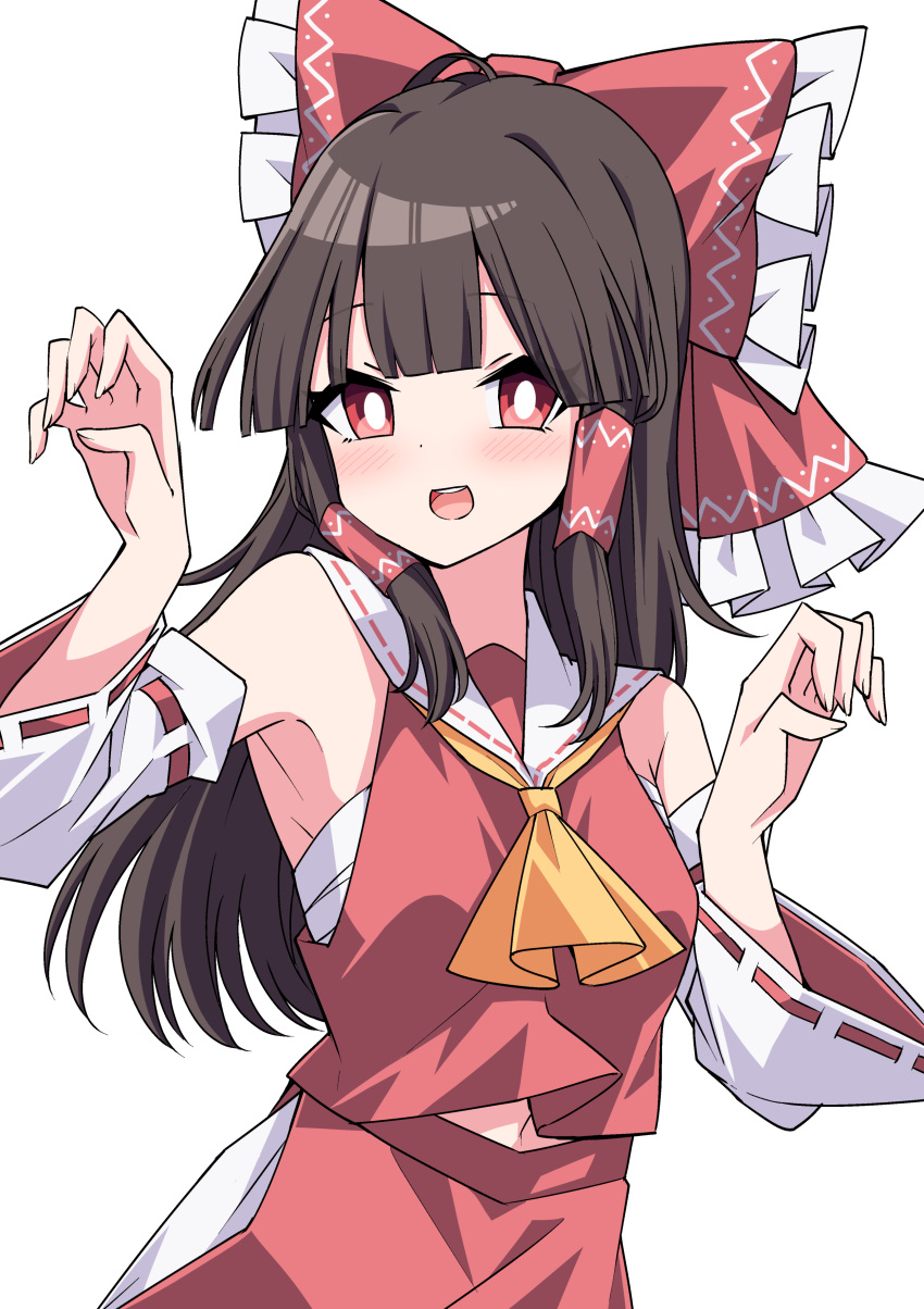 1girl :d absurdres ascot bangs black_hair blunt_bangs bow bra bright_pupils cowboy_shot detached_sleeves eyebrows_visible_through_hair hair_bow hair_tubes hakurei_reimu highres looking_at_viewer navel nontraditional_miko open_mouth red_bow red_eyes red_shirt red_skirt ribbon-trimmed_sleeves ribbon_trim shirt simple_background skirt smile solo standing touhou tsukimirin underwear white_background white_bra white_pupils wide_sleeves yellow_neckwear