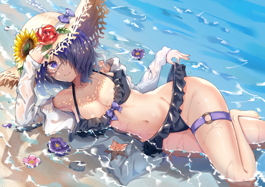 1girl absurdres arknights bangs bare_legs bare_shoulders barefoot bikini bikini_pull black_bikini bow breasts clothes_pull commentary flower groin hair_over_one_eye hand_up hat hat_bow hat_flower highres jacket lankuchashuangjielong large_breasts looking_at_viewer navel o-ring off_shoulder open_clothes open_jacket pink_flower pulled_by_self purple_bow purple_flower purple_hair red_flower red_rose rose short_hair smile solo starfish stomach sun_hat sunflower swimsuit thigh_strap thighs violet_eyes water whisperain_(arknights) white_jacket