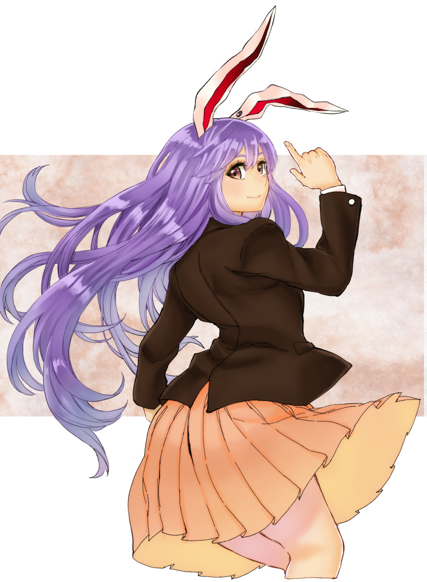 1girl animal_ears commentary_request cropped_legs finger_gun highres long_hair natsushiro purple_hair rabbit_ears reisen_udongein_inaba simple_background skirt solo suit_jacket touhou very_long_hair violet_eyes