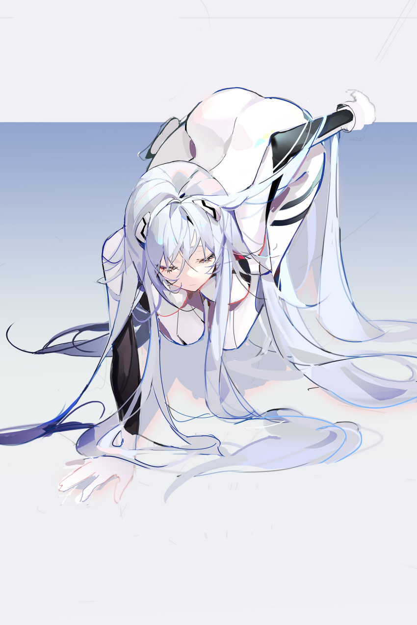 1girl absurdly_long_hair absurdres all_fours alternate_hair_length alternate_hairstyle arm_at_side arm_support ass ayanami_rei bodysuit breasts closed_eyes closed_mouth evangelion:_3.0+1.0_thrice_upon_a_time expressionless eyelashes facing_viewer from_above full_body gradient gradient_background grey_background grey_theme hairpods hand_up highres holding holding_hair large_breasts light_blue_hair limited_palette long_eyelashes long_hair neon_genesis_evangelion on_floor pilot_suit plugsuit rebuild_of_evangelion shadow shiny shiny_hair simple_background solo straight_hair taiz22 very_long_hair white_bodysuit white_theme