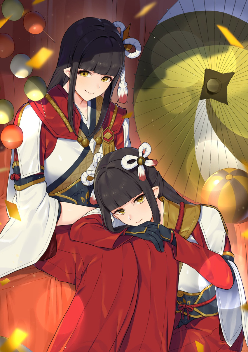 2girls bangs bead_necklace beads black_gloves black_hair blunt_bangs blurry bokeh closed_mouth commentary confetti depth_of_field gloves hair_ornament hakama highres hinoa japanese_clothes jewelry kimono lap_pillow light_smile long_hair looking_at_viewer minoto monster_hunter_(series) monster_hunter_rise multiple_girls necklace parasol pointy_ears red_hakama rope shade siblings sidelocks sisters sitting smile straight_hair sunlight suusuke twins umbrella white_kimono wide_sleeves yellow_eyes