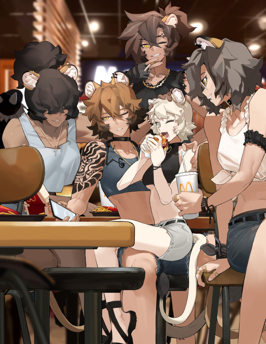 5girls animal_ears black_footwear black_hair black_shorts bracelet breasts brown_hair chair copyright_request cup food grey_hair grey_shorts hamburger highres holding holding_cup holding_food jewelry knifedragon lion_ears lion_tail mcdonald's midriff multiple_girls necklace one_eye_closed profile shirt shorts table tail tattoo tied_shirt under_boob white_hair yellow_eyes