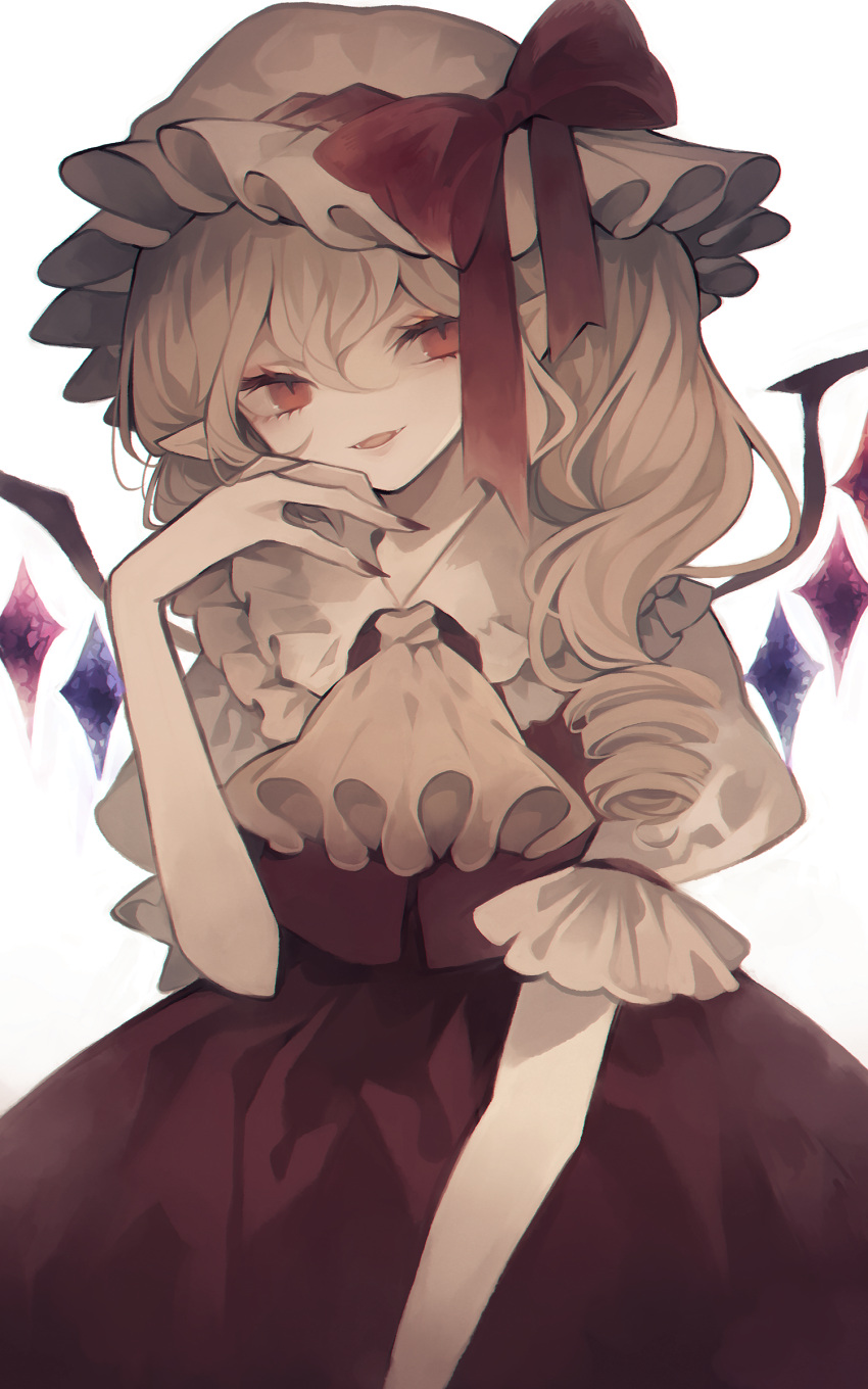 1girl absurdres ascot bangs bow commentary_request crystal drill_hair eyebrows_behind_hair fingernails flandre_scarlet frilled_shirt_collar frills hair_between_eyes hand_on_own_chin hand_up hat hat_bow highres looking_at_viewer mob_cap one_side_up parted_lips pointy_ears puffy_short_sleeves puffy_sleeves red_bow red_eyes red_skirt red_vest sharp_fingernails short_sleeves simple_background skirt smile solo touhou upper_body vest white_background white_headwear wings wiriam07 yellow_neckwear