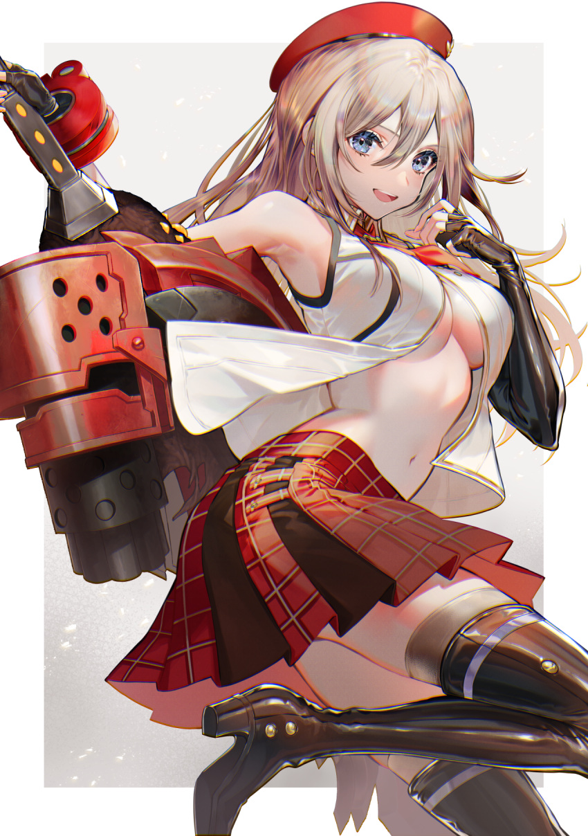 1girl :d alisa_ilinichina_amiella armpits bangs bare_shoulders black_footwear black_gloves blonde_hair blue_eyes boots border breasts elbow_gloves fingerless_gloves gloves god_eater god_eater_2:_rage_burst gradient gradient_background grey_background hair_between_eyes high_heel_boots high_heels highres holding holding_weapon leg_up long_hair medium_breasts miniskirt navel no_bra open_clothes open_mouth open_vest outside_border plaid plaid_skirt pleated_skirt red_headwear red_skirt sanbabasanba skirt smile solo standing standing_on_one_leg thigh-highs thigh_boots thighhighs_under_boots under_boob vest weapon white_border white_vest