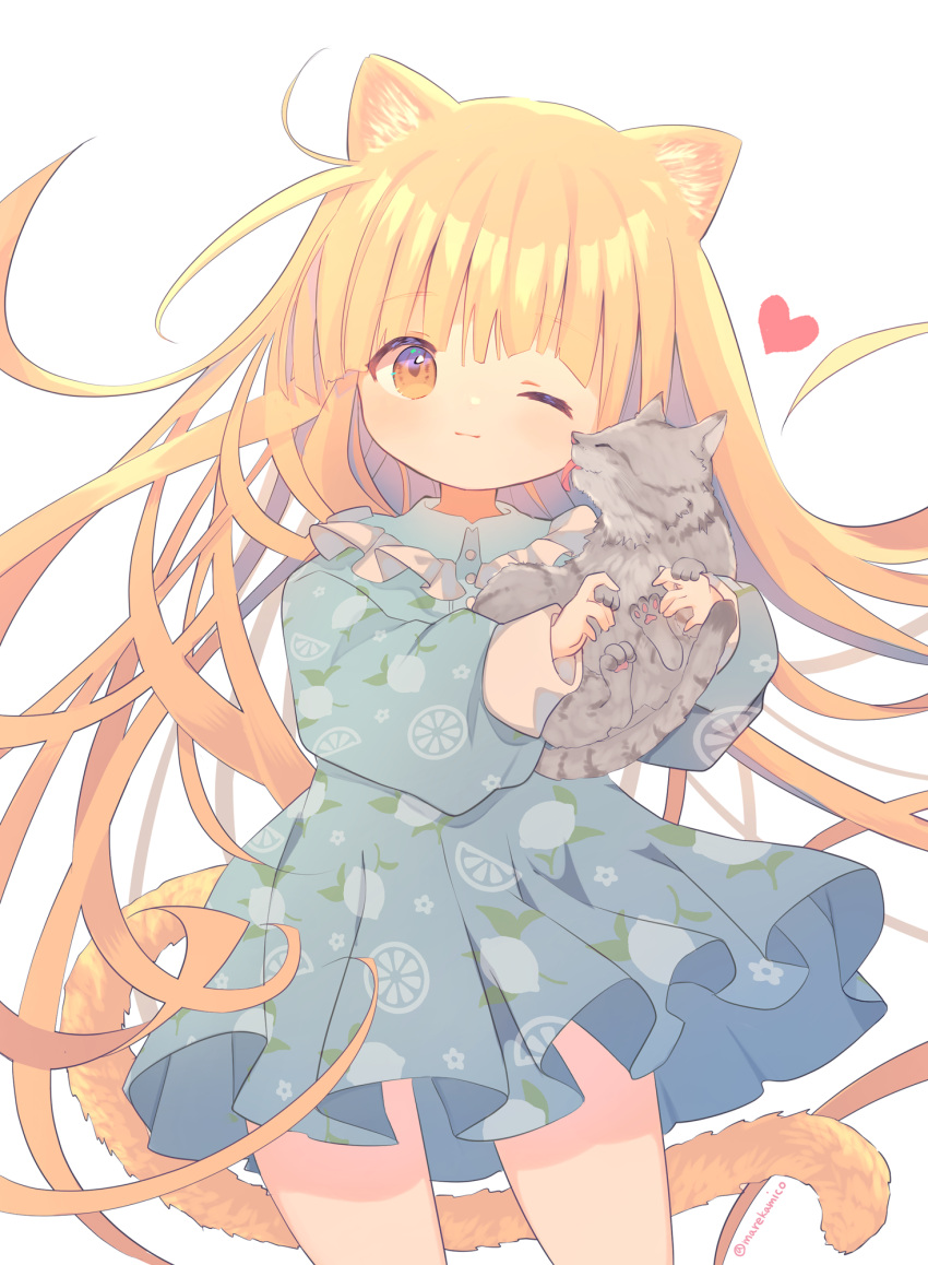 1girl ;) animal animal_ear_fluff animal_ears bangs blonde_hair blue_dress blush brown_eyes cat cat_ears cat_girl cat_tail closed_mouth collared_dress commentary_request dress eyebrows_visible_through_hair heart highres holding holding_animal lemon_print long_hair looking_at_viewer marekamico one_eye_closed original pleated_dress print_dress simple_background smile solo tail twitter_username very_long_hair white_background