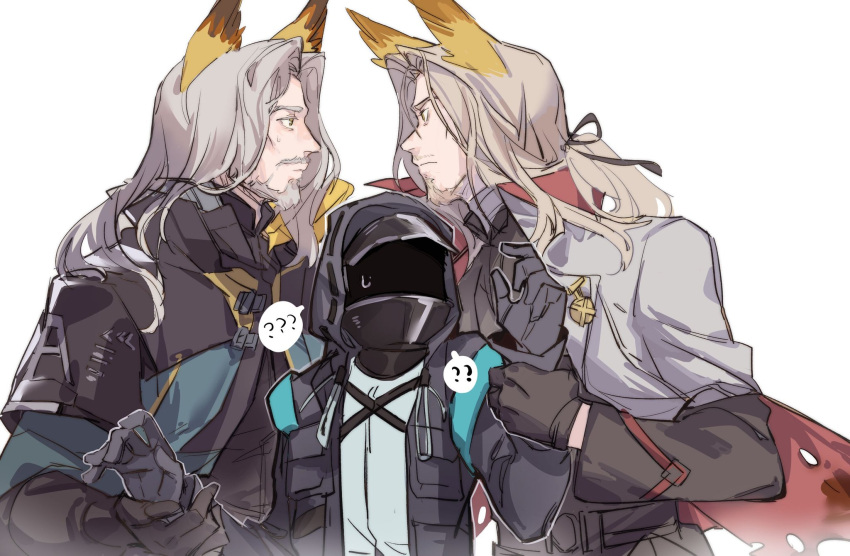 1other 2boys ? animal_ears arknights badge beard black_gloves black_jacket black_ribbon blood blood_stain chinese_commentary coat coat_on_shoulders commentary_request doctor_(arknights) dual_persona eye_contact facial_hair gloves grey_hair hair_ribbon hellagur_(arknights) high_collar highres holding_hand hood hood_up hooded_jacket jacket long_hair long_sleeves looking_at_another multiple_boys mustache official_alternate_costume ponytail ribbon simple_background sketch sora1019 spoken_question_mark sweatdrop torn_clothes torn_coat upper_body white_background wrist_grab yellow_eyes