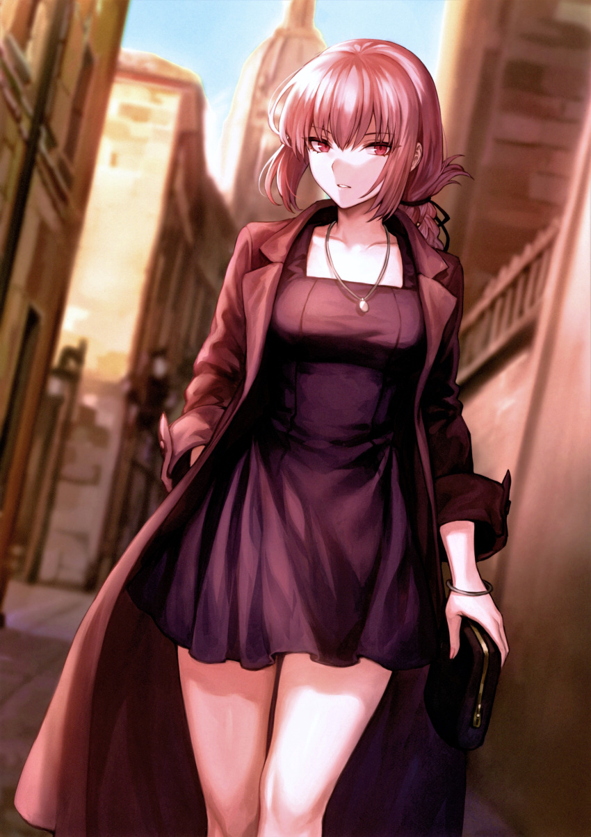 1girl absurdres bag bracelet breasts coat collarbone dress fate/grand_order fate_(series) florence_nightingale_(fate) hand_in_pocket handbag highres holding jewelry looking_at_viewer mashuu_(neko_no_oyashiro) medium_breasts necklace open_clothes outdoors parted_lips pink_hair red_eyes scan short_dress simple_background solo tied_hair