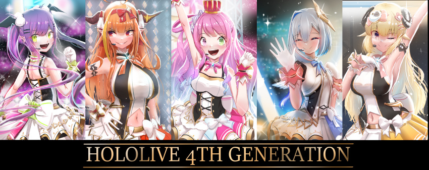 5girls :d ;) absurdres amane_kanata arm_pump armlet armpits arms_up back bangs bare_arms bare_shoulders belt black_vest blonde_hair blush bodice bow bow_skirt bowtie breasts candy_hair_ornament clenched_hand closed_mouth clothing_cutout contrapposto copyright_name corset cowboy_shot crown curled_horns demon_girl diffraction_spikes dragon_girl dragon_horns ear_piercing facing_viewer fang food_themed_hair_ornament frilled_straps frills from_behind gloves gradient_hair green_eyes hair_ornament hair_rings hairclip halo halter_top halterneck hand_on_hip headset heterochromia highres himemori_luna hololive hololive_idol_uniform horn_ornament horn_ribbon horns huge_filesize idol incredibly_absurdres izanagi_no_ookami_p. kiryu_coco large_breasts layered_skirt long_hair looking_at_viewer medium_breasts mini_crown miniskirt multicolored_hair multiple_girls navel navel_cutout official_alternate_costume one_eye_closed one_side_up open_mouth orange_hair piercing pink_hair pointy_ears purple_hair ribbon sheep_girl sheep_horns shoulder_blades sidelocks sideways_glance silver_hair skin_fang skirt skirt_set sleeveless smile stage star_halo streaked_hair swept_bangs tokoyami_towa tsunomaki_watame twintails upper_body very_long_hair vest violet_eyes virtual_youtuber waving wavy_hair white_bow white_gloves white_skirt white_vest wrist_cuffs