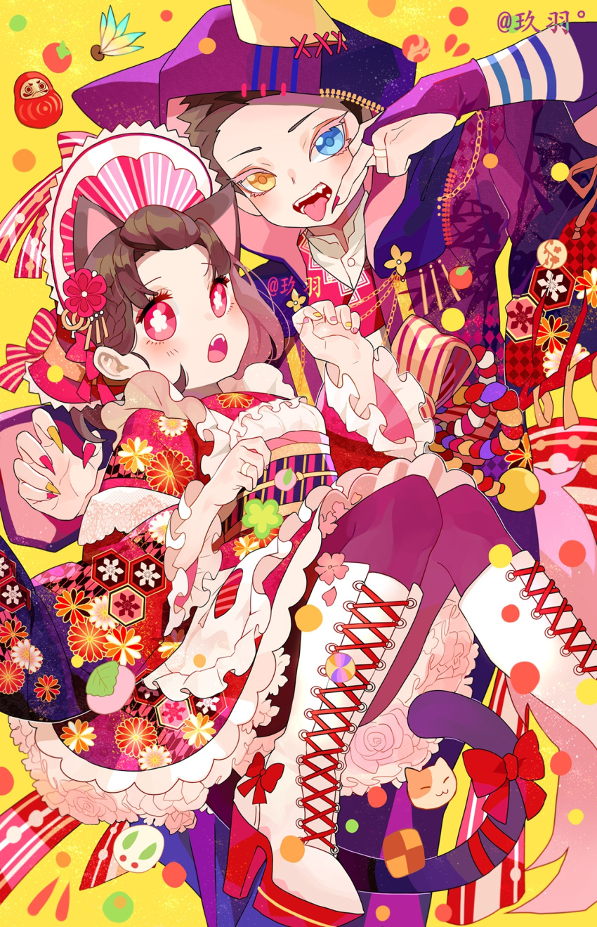 1boy 1girl :p akaza_(kimetsu_no_yaiba) animal_ears black_hair blue_eyes bonnet boots bow braid bridal_gauntlets brown_hair cat cat_ears cross-laced_footwear daruma_doll extra_ears fingernails floating floral_print flower flower-shaped_pupils frilled_kimono frills hair_flower hair_ornament hair_pulled_back hakuji_(kimetsu_no_yaiba) hands_up high_heel_boots high_heels highres hood hood_up hooded_jacket jacket japanese_clothes jewelry jiuyu0 kimetsu_no_yaiba kimono knee_boots knees_up koyuki_(kimetsu_no_yaiba) lace-up_boots long_sleeves looking_at_viewer nail_polish new_year obi open_mouth pantyhose petticoat purple_jacket purple_pantyhose red_bow red_flower red_kimono red_nails ring sash sharp_fingernails short_hair sleeves_past_elbows snow_bunny snowflake_print spoilers symbol-shaped_pupils tail tail_bow tail_ornament tongue tongue_out wedding_ring white_footwear wide_sleeves wolf_ears wolf_hood yellow_background yellow_eyes
