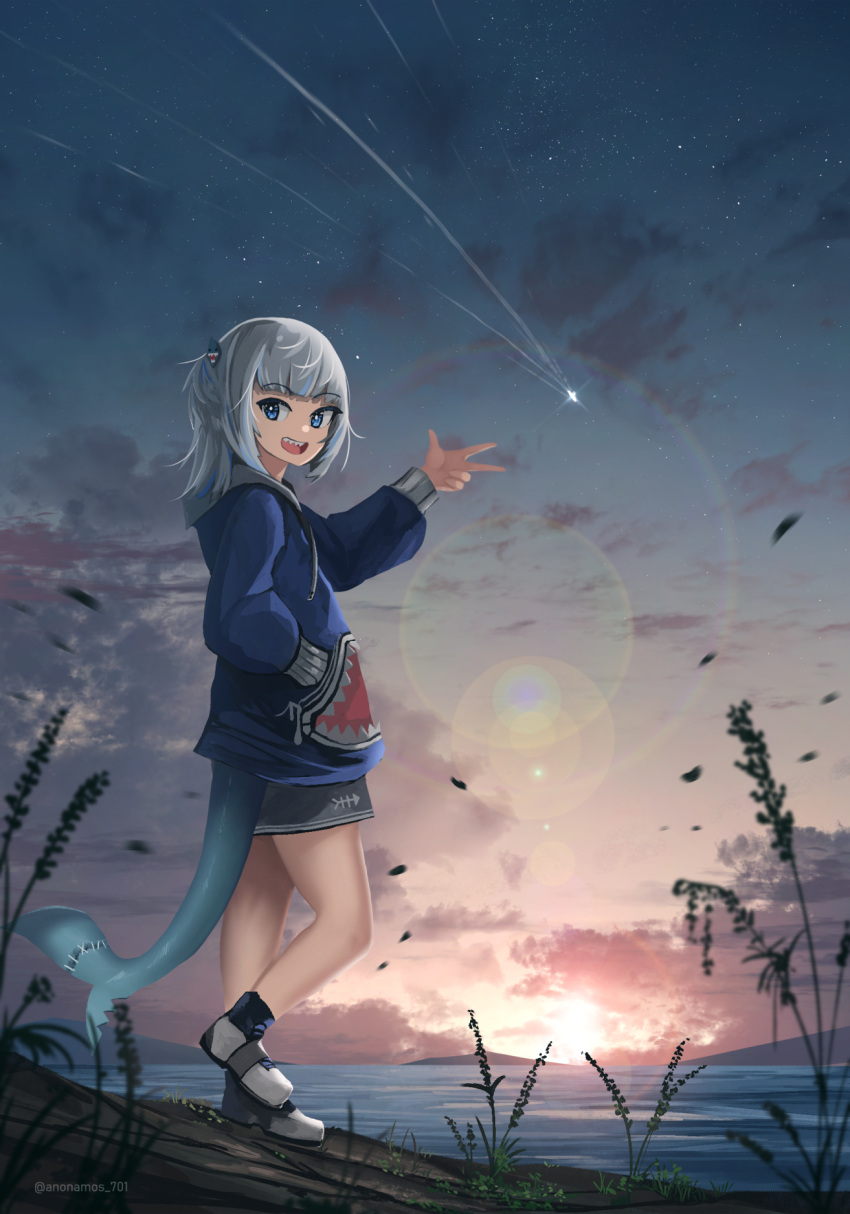 1girl :d anonamos blue_eyes blue_hair comet fish_tail full_body gawr_gura hair_ornament hand_in_pocket highres hololive hololive_english long_sleeves looking_at_viewer medium_hair multicolored_hair open_mouth scenery shark_hair_ornament shark_tail sharp_teeth smile standing stitches streaked_hair sunset sweater tail teeth twitter_username virtual_youtuber w white_hair