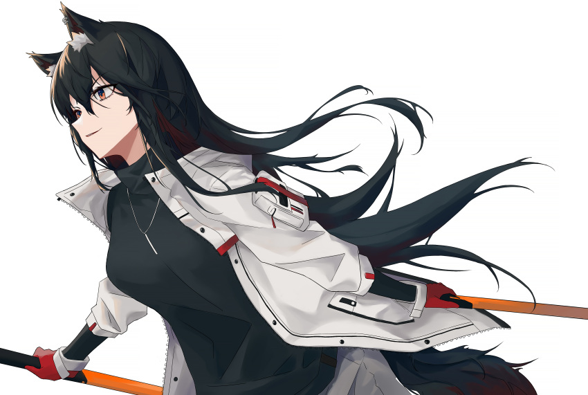 1girl absurdres animal_ear_fluff animal_ears arknights black_hair black_shirt cowboy_shot gloves highres holding holding_sword holding_weapon jacket jewelry long_hair necklace open_clothes open_jacket orange_eyes red_gloves shirt simple_background sjde8887 smirk solo sword tail texas_(arknights) texas_(winter_messenger)_(arknights) turtleneck weapon white_background white_jacket wolf_ears wolf_girl wolf_tail