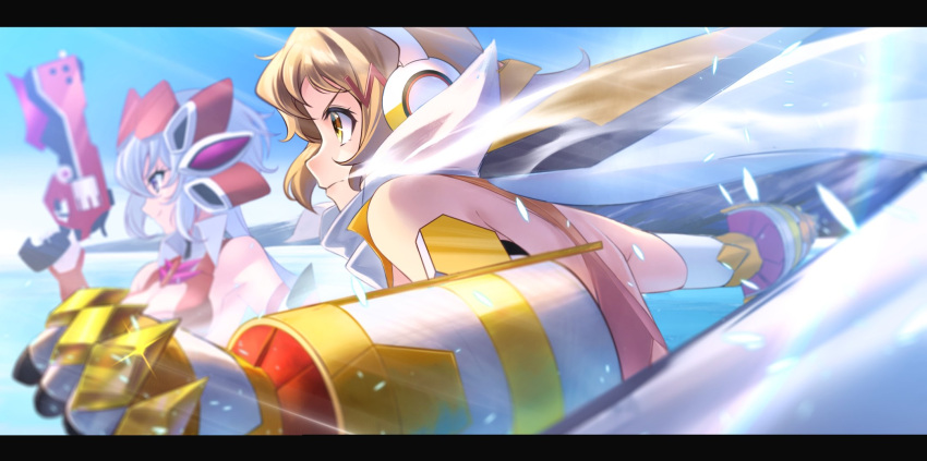 2girls bangs black_border blonde_hair blurry blurry_background border from_side gun hair_between_eyes headphones highres holding holding_gun holding_weapon letterboxed multiple_girls nyanmaru profile senki_zesshou_symphogear shiny shiny_hair short_hair silver_hair sunlight tachibana_hibiki_(symphogear) twintails upper_body weapon yellow_eyes yukine_chris