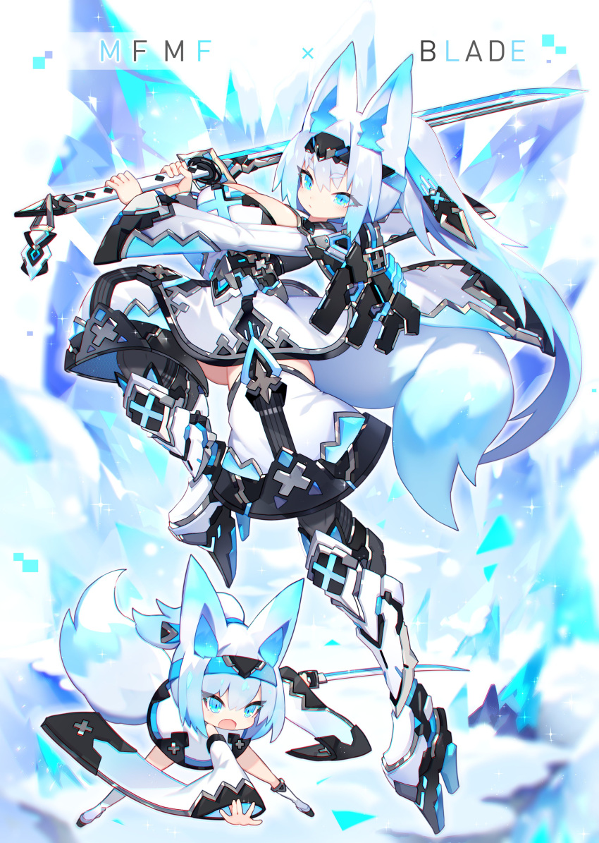 1girl absurdres animal_ear_fluff animal_ears bangs blue_eyes blue_hair boots breasts chibi cleavage_cutout clothing_cutout detached_sleeves dress eyebrows_visible_through_hair hair_between_eyes headband high_heels highres holding holding_sword holding_weapon katana large_breasts leg_up long_hair looking_at_viewer mamuru multicolored_hair open_mouth original ponytail sword tail weapon white_dress white_hair wide_sleeves