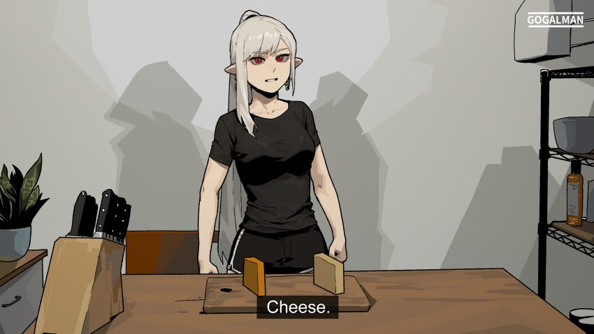 1girl artist_name black_shirt black_shorts cheese cheese_vs._cheese_(meme) commentary cutting_board dolphin_shorts earrings english_commentary english_text food gogalking highres james_may jewelry kitchen knife knife_block original plant pointy_ears potted_plant shelf shirt shorts slit_pupils solo standing subtitled vampire_(gogalking)
