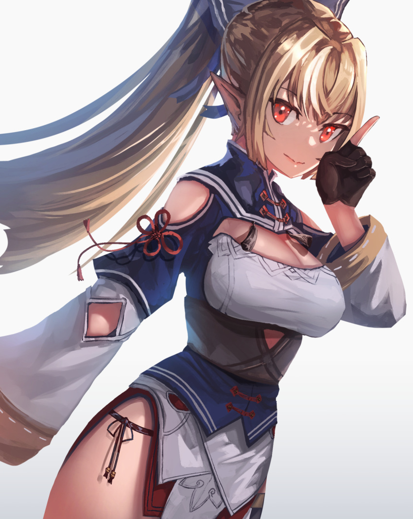 1girl anonamos black_gloves blonde_hair cleavage_cutout clothing_cutout dark_elf dark_skin elbow_cutout elf gloves grey_background highres hololive index_finger_raised long_hair long_sleeves looking_at_viewer partially_fingerless_gloves pointy_ears ponytail red_eyes shiranui_flare shoulder_cutout simple_background solo upper_body