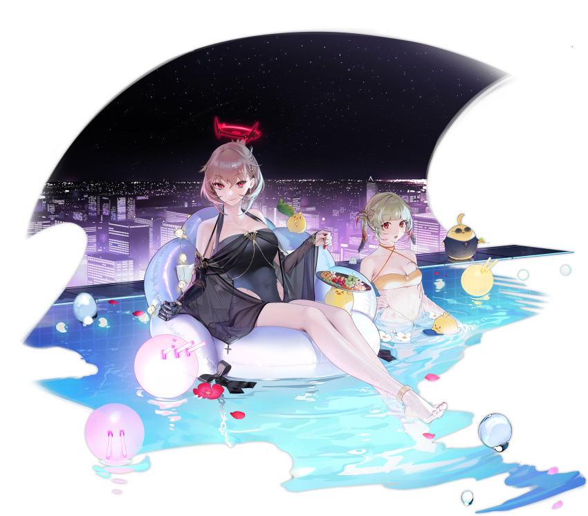 2girls anklet azur_lane bare_shoulders barefoot bikini black_bow black_swimsuit blue_hair blush bow breasts brown_hair building city closed_mouth collarbone covered_navel duca_degli_abruzzi_(azur_lane) duca_degli_abruzzi_(lustrous_onyx_sirenetta)_(azur_lane) fingernails flower food fruit grey_hair highres holding in_water jacket jewelry large_breasts leaf looking_at_viewer manjuu_(azur_lane) mechanical_arms medium_breasts multicolored_hair multiple_girls necktie official_art ohisashiburi one-piece_swimsuit open_mouth partially_submerged petals pool prosthesis prosthetic_arm red_eyes red_nails redhead see-through shiny shiny_hair short_hair short_twintails single_mechanical_arm sitting smile sunglasses swimming swimsuit tied_hair toes transparent_background tray twintails water wet yellow_bikini