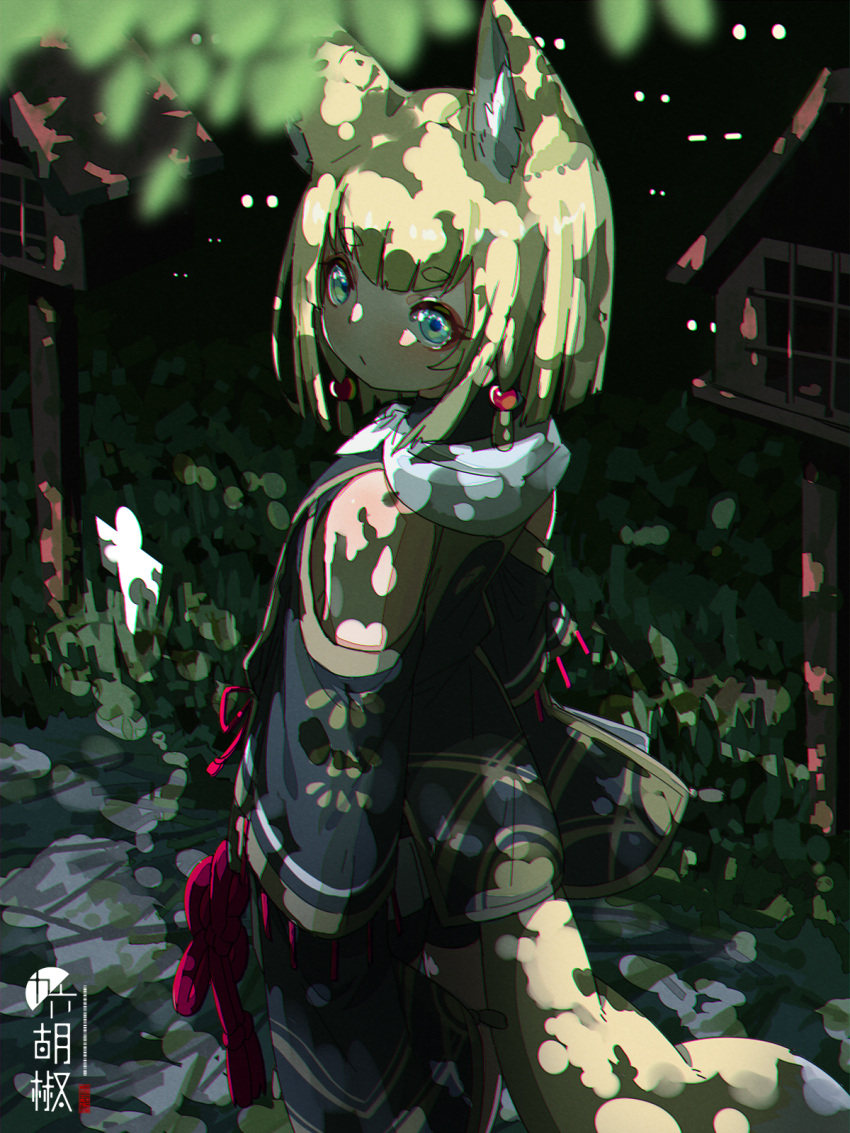 1girl animal_ear_fluff animal_ears artist_name bangs bare_shoulders blonde_hair blue_eyes blunt_bangs chromatic_aberration closed_mouth dappled_sunlight disconnected_mouth eyebrows_visible_through_hair facing_viewer fox_ears fox_girl fox_tail from_side grass highres jewelry kuro_kosyou original outdoors shikigami short_eyebrows short_hair solo standing straight_hair sunlight tail thick_eyebrows