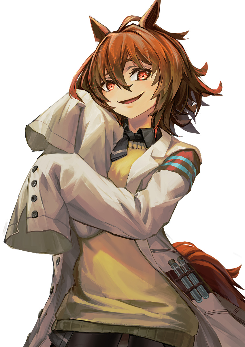 1girl absurdres agnes_tachyon_(umamusume) ahoge animal_ears bangs brown_hair coat grin hair_between_eyes highres horse_ears horse_girl horse_tail kuro_dora labcoat long_sleeves necktie open_clothes open_coat pantyhose red_eyes short_hair simple_background sleeves_past_fingers sleeves_past_wrists smile solo sweater tail umamusume vial white_background