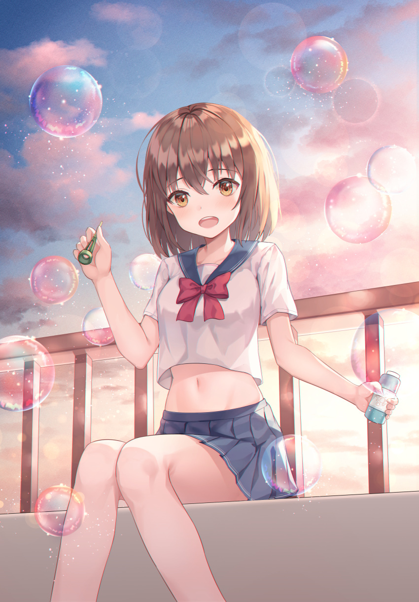 1girl absurdres bangs blue_sailor_collar blue_skirt blush bottle bow bowtie brown_eyes brown_hair bubble bubble_pipe commentary crop_top eyebrows_visible_through_hair feet_out_of_frame hair_between_eyes highres holding holding_bottle huge_filesize looking_at_viewer medium_hair midriff miniskirt navel open_mouth original pleated_skirt red_bow red_neckwear sailor_collar school_uniform serafuku shirt short_sleeves shuvui sitting skirt sky solo stomach teeth upper_teeth white_shirt