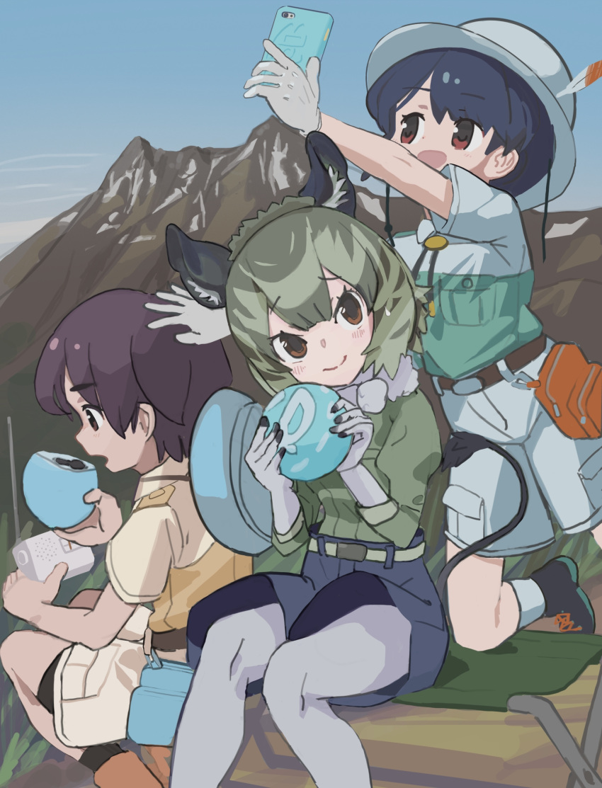 1boy 2girls black_hair black_legwear blush boots bow bowtie brown_eyes bucket_hat captain_(kemono_friends) cellphone chinchilla_ears chinchilla_tail collared_shirt commentary_request degu_(kemono_friends) denim denim_shorts dual_persona eating elbow_gloves eyebrows_visible_through_hair food fur_collar gloves green_hair green_shirt grey_fur grey_gloves grey_legwear grey_neckwear hat hat_around_neck highres hip_gear japari_bun kemono_friends kemono_friends_3 khakis kunikuni_(kunihiro2005) mountain multicolored_hair multiple_girls neckwear pantyhose phone radio red_eyes shirt short_hair short_sleeves shorts sitting smartphone smile socks t-shirt table uniform white_gloves white_legwear