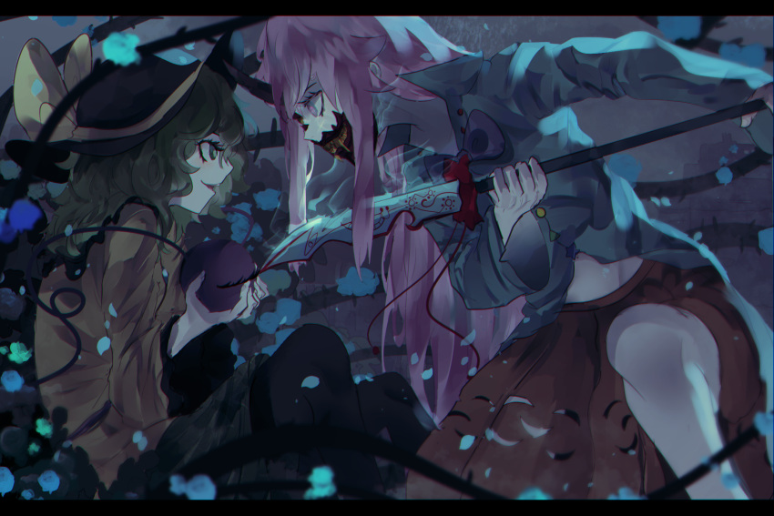 2girls black_headwear black_legwear blue_shirt bow bowtie green_eyes green_hair green_skirt hata_no_kokoro highres komeiji_koishi long_hair long_sleeves multiple_girls naginata naufaldreamer orange_skirt pink_eyes pink_hair pole polearm purple_neckwear shirt skirt third_eye touhou weapon yellow_shirt