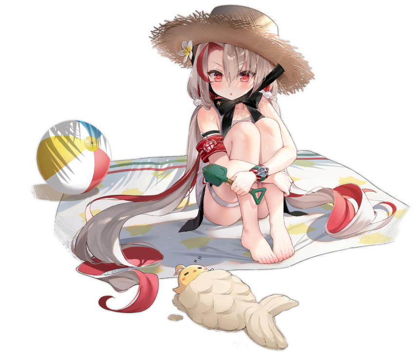 1girl azur_lane ball bangs bare_shoulders barefoot beachball byulzzi eyebrows_visible_through_hair flower full_body hair_between_eyes hair_ornament hair_scrunchie hat highres leg_hug long_hair maestrale_(azur_lane) maestrale_(lonesome_beachfarer)_(azur_lane) manjuu_(azur_lane) multicolored_hair ocean official_art outdoors parted_lips red_eyes redhead scrunchie shadow shovel silver_hair sitting sleeping straw_hat swimsuit thigh_strap thighs toes towel transparent_background twintails very_long_hair