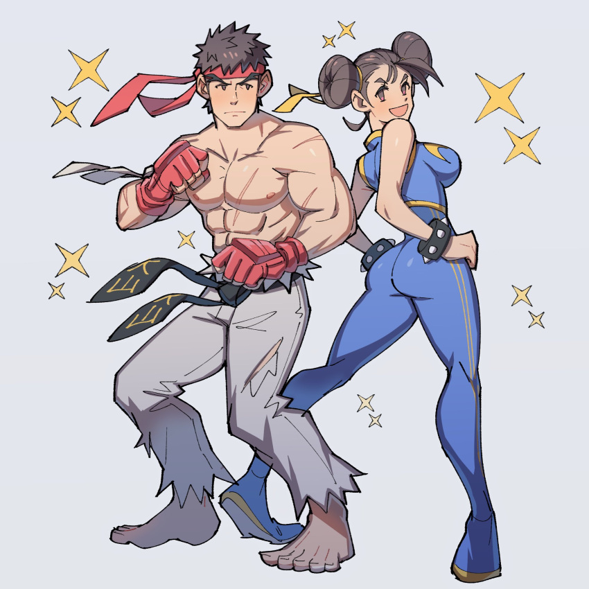 1boy 1girl :d abs ass barefoot black_hair bracelet brown_eyes brown_hair chun-li clenched_hands closed_mouth commentary double_bun double_vertical_stripe doughnut_hair_bun english_commentary expressionless fingerless_gloves forked_eyebrows full_body gloves grey_background hair_ribbon hands_on_hips headband highres jewelry kalamari looking_at_viewer looking_back muscular muscular_male nipples open_mouth pants pectorals red_gloves ribbon ryu_(street_fighter) sash scar scar_on_arm scar_on_chest shirtless short_hair simple_background skin_tight sleeveless smile sparkle spiked_bracelet spikes standing street_fighter street_fighter_v street_fighter_zero_(series) torn_clothes torn_pants unitard yellow_ribbon