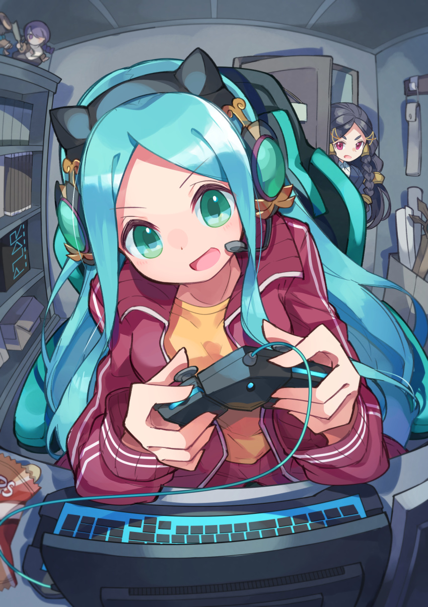 2girls :d absurdres animal_ears bag_of_chips bangs black_hair blue_hair braid brown_shirt chair character_request chips collarbone controller eyebrows_visible_through_hair fake_animal_ears food forehead game_controller green_eyes head_tilt headphones headset highres holding indoors jacket keyboard_(computer) kuuron_(moesann17) long_hair monitor multiple_girls office_chair on_chair open_clothes open_door open_jacket open_mouth pants parted_bangs potato_chips puzzle_&amp;_dragons red_jacket shirt smile solo_focus track_jacket track_pants track_suit v-shaped_eyebrows very_long_hair