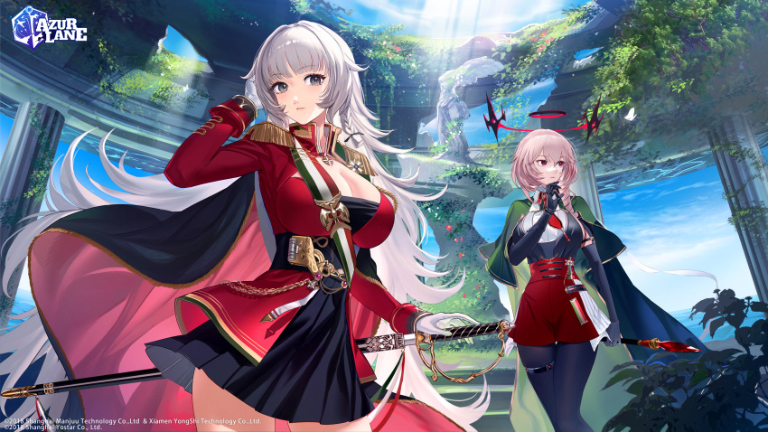 2girls absurdres azur_lane bangs black_dress braid breasts bug butterfly cape commentary copyright_name day dress duca_degli_abruzzi_(azur_lane) elbow_gloves epaulettes eyebrows_visible_through_hair gloves grey_eyes highres holding hoojiro insect large_breasts light_brown_hair lips logo long_hair long_sleeves multiple_girls official_art pantyhose parted_lips prosthesis prosthetic_arm red_eyes sheath sheathed shiny shiny_hair short_dress silver_hair skirt sunlight sword thigh_strap tied_hair vittorio_veneto_(azur_lane) weapon white_gloves