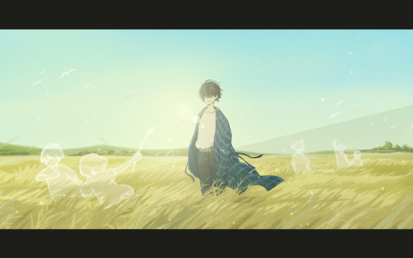 1boy belt black_hair black_pants commentary_request ghost hair_over_eyes highres horizon outdoors pants shirt shirt_tucked_in short_hair solo standing the_catcher_in_the_rye white_shirt wind yutsukidayo