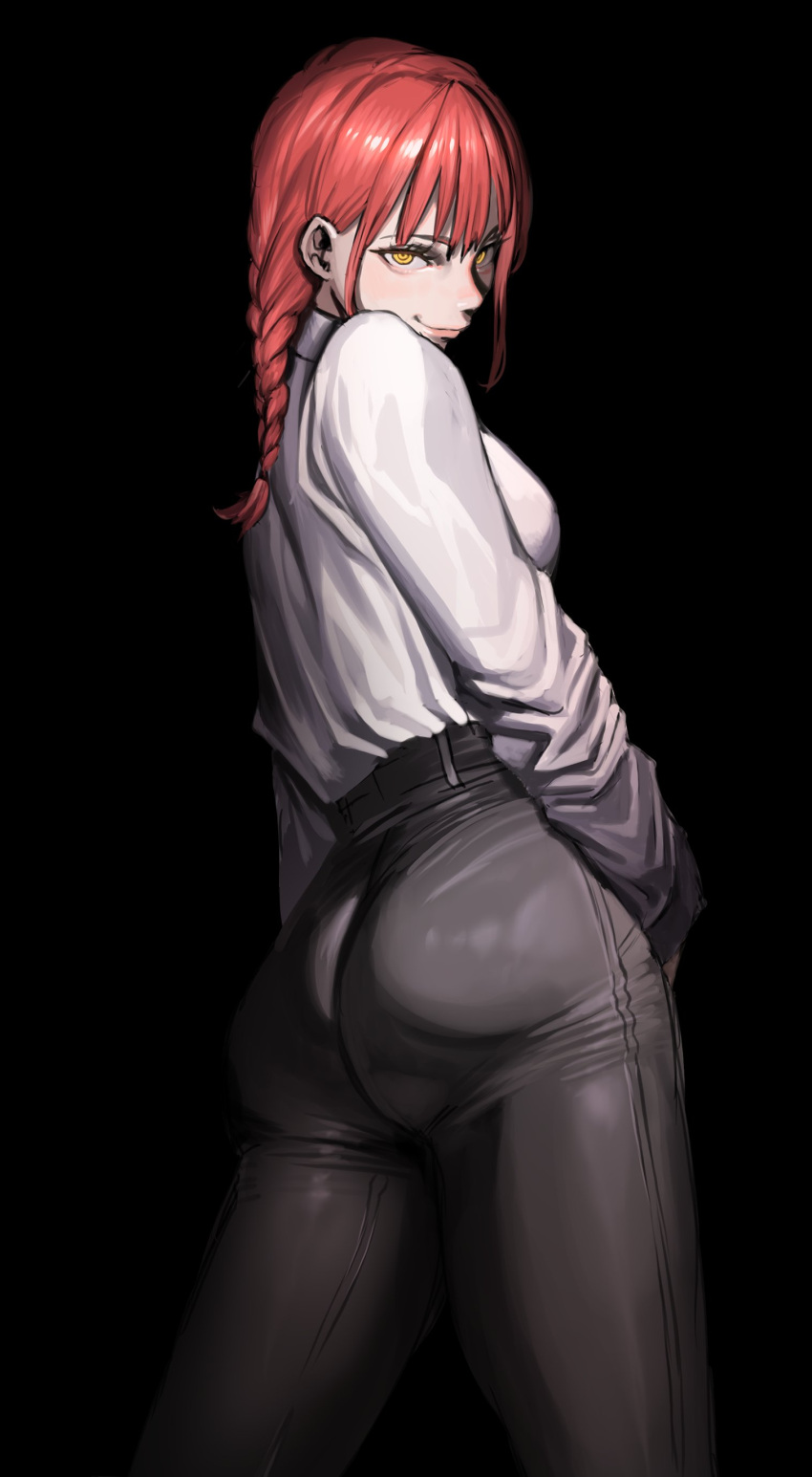 1girl absurdres ass black_background braid breasts chainsaw_man from_behind hanny_(uirusu_chan) highres looking_at_viewer looking_back makima_(chainsaw_man) pants redhead simple_background smile solo tight tight_pants yellow_eyes