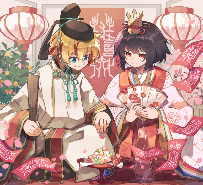 1boy 1girl absurdres bangs black_hair black_headwear blonde_hair character_request closed_mouth eyebrows_visible_through_hair fan folding_fan food green_eyes hair_between_eyes headpiece highres holding holding_fan holding_food indoors japanese_clothes kimono kuuron_(moesann17) layered_clothing layered_kimono mole mole_under_eye multicolored_hair pink_kimono puzzle_&amp;_dragons red_eyes redhead short_hair streaked_hair tongue tongue_out v-shaped_eyebrows white_kimono