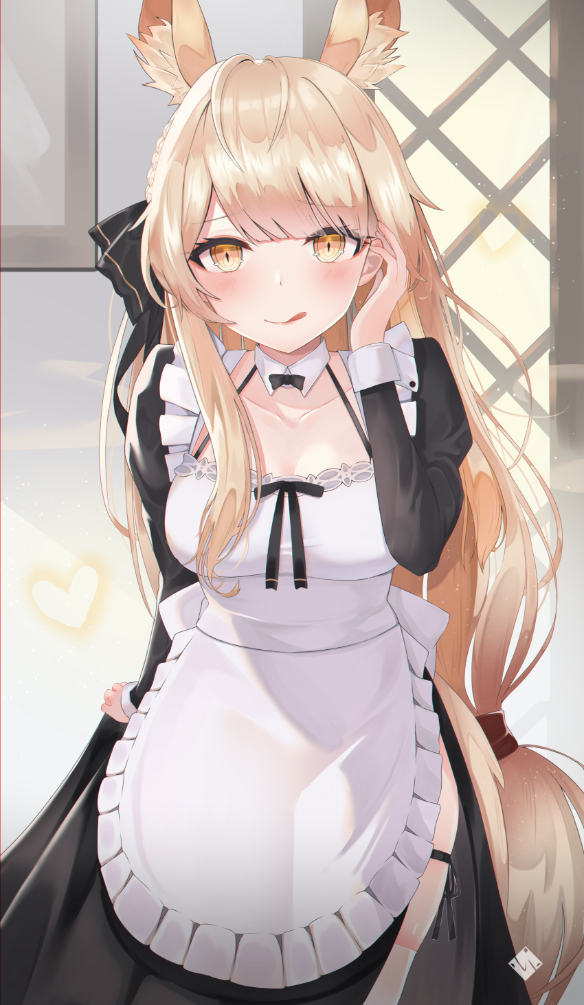 1girl :q absurdres alternate_costume animal_ear_fluff animal_ears apron arknights bangs black_dress blemishine_(arknights) blonde_hair blush breasts collar collarbone commentary cowboy_shot dress enmaided eyebrows_visible_through_hair frilled_apron frills hair_ribbon halterneck highres horse_ears horse_girl horse_tail indoors juliet_sleeves long_hair long_sleeves looking_at_viewer maid maid_apron medium_breasts myomura puffy_sleeves red_ribbon ribbon solo standing tail thigh-highs tongue tongue_out very_long_hair white_apron white_collar white_legwear yellow_eyes