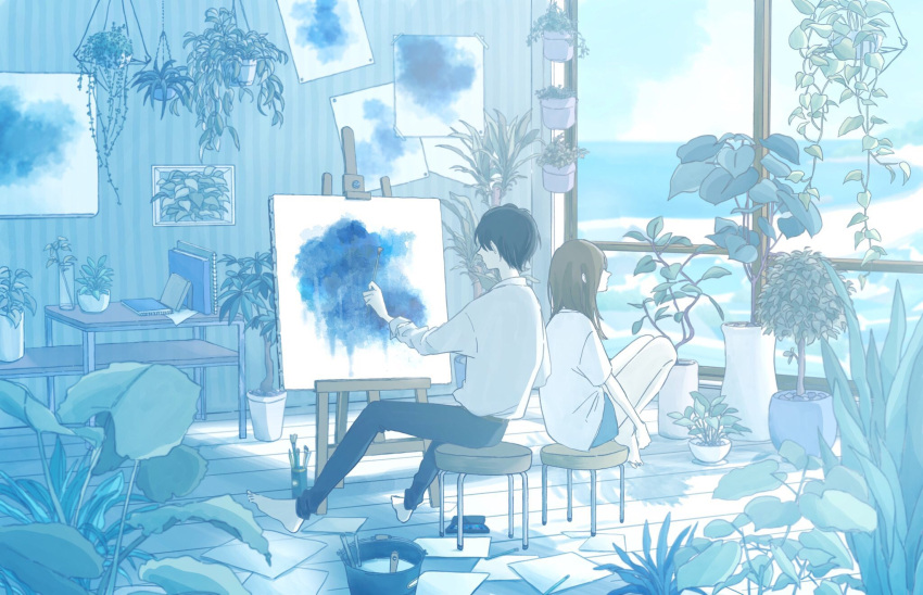 1boy 1girl back-to-back bare_legs barefoot black_hair black_pants brown_hair bucket easel highres indoors knees_up leaf long_hair original pants paper plant shadow short_hair sitting stool window yutsukidayo