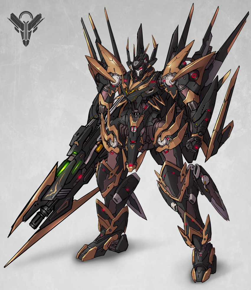 absurdres arm_cannon clenched_hand glowing glowing_eye grey_background gun highres holding holding_gun holding_weapon looking_down mecha no_humans original red_eyes science_fiction solo tamasi weapon