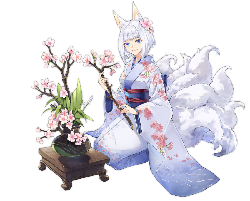 1girl animal_ears artist_request azur_lane blue_eyes cherry_blossoms closed_mouth floral_print flower fox_ears fox_girl fox_tail hair_flower hair_ornament highres japanese_clothes kaga_(azur_lane) kimono long_sleeves looking_at_viewer multiple_tails official_alternate_costume official_art pink_flower seiza short_hair sitting smile stick tail transparent_background white_hair white_kimono wide_sleeves