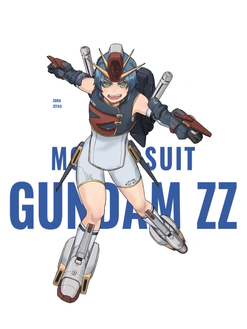 1girl bike_shorts black_gloves character_name chinese_commentary clenched_hand copyright_name elbow_gloves gloves green_eyes gundam gundam_zz highres jinri_shijie leaning_forward looking_at_viewer open_mouth personification shorts smile solo v-fin v-shaped_eyebrows white_shorts zz_gundam