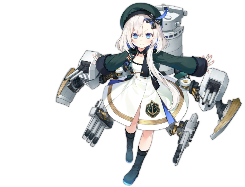 1girl artillery azur_lane bangs beret black_footwear black_ribbon blue_eyes boots byulzzi closed_mouth cropped_jacket detached_sleeves dress eyebrows_visible_through_hair full_body green_jacket hair_ribbon hat highres jacket libeccio_(azur_lane) long_hair looking_at_viewer machinery official_art open_clothes open_jacket ribbon short_dress smile socks solo standing torpedo_launcher transparent_background turret white_dress white_hair wind