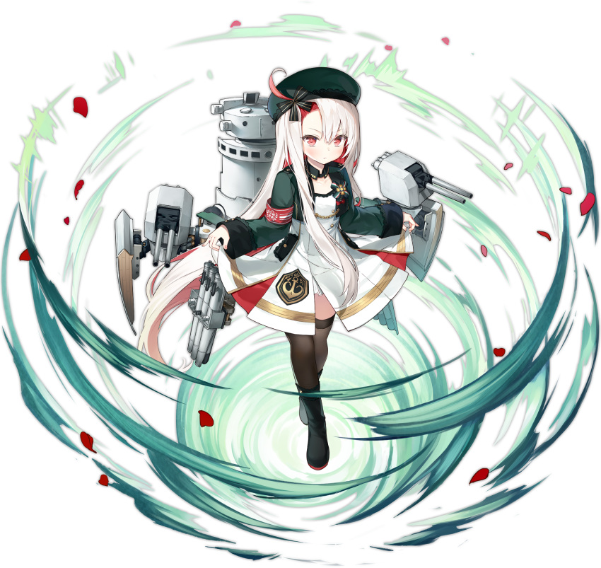 1girl armband artillery azur_lane beret black_footwear black_legwear boots byulzzi chain dress full_body hat highres jacket looking_at_viewer maestrale_(azur_lane) multicolored_hair official_art red_eyes redhead skirt_hold solo thigh-highs torpedo_launcher transparent_background turret two-tone_hair white_dress white_hair
