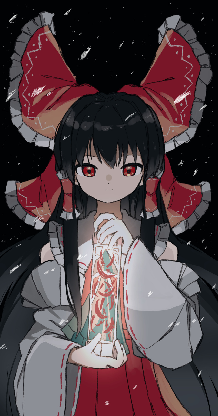 1girl absurdres ascot bangs black_background black_hair bow collar detached_sleeves frilled_bow frilled_collar frills hair_bow hair_tubes hakurei_reimu highres holding_lamp lamp light light_smile long_hair looking_at_viewer neruzou red_bow red_eyes red_skirt red_vest ribbon-trimmed_sleeves ribbon_trim sidelocks skirt skirt_set snow touhou upper_body vest wide_sleeves