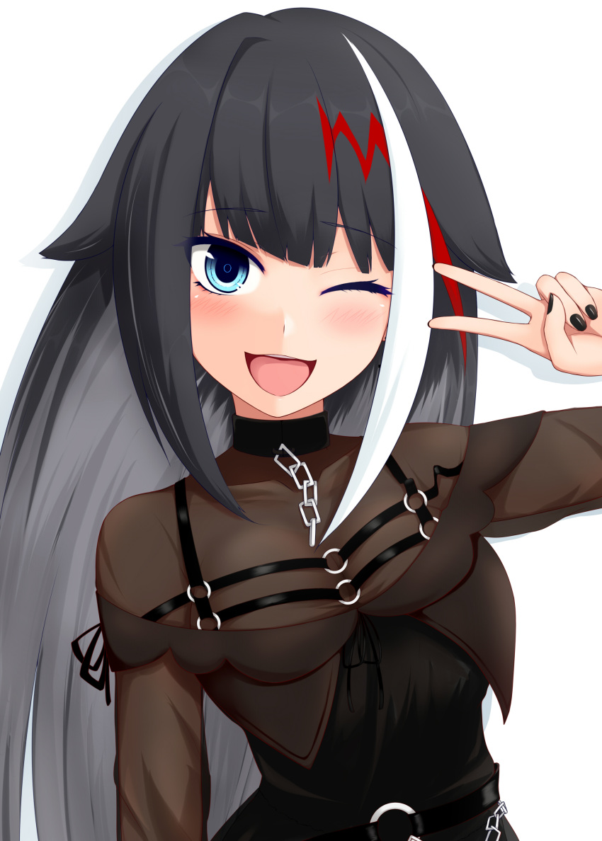 1girl ;d absurdres asuto3 azur_lane bangs belt black_hair blue_eyes blunt_bangs blush chain commentary_request covered_collarbone deutschland_(azur_lane) deutschland_(demon_princess'_dark_hour_banquet)_(azur_lane) eyebrows_visible_through_hair hair_flaps highres long_hair looking_at_viewer multicolored_hair one_eye_closed open_mouth pose sidelocks simple_background smile solo v white_background
