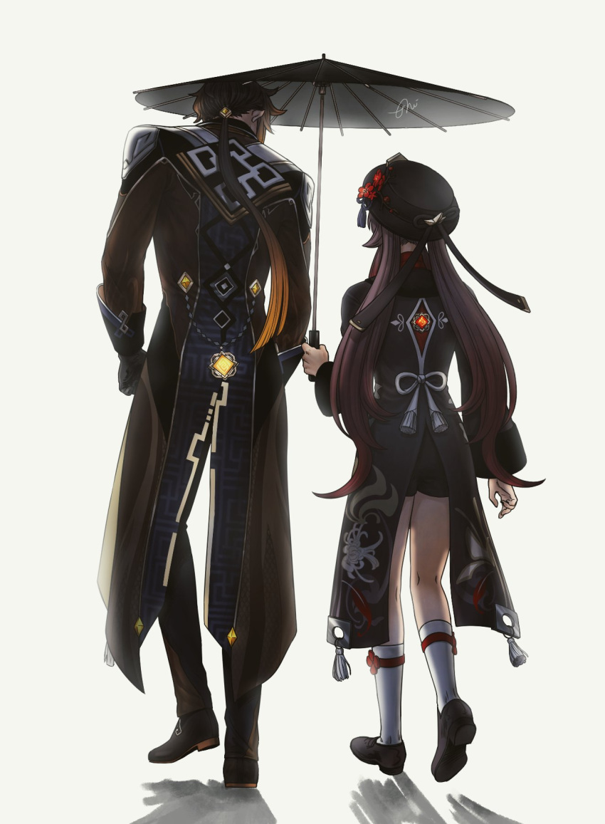 1boy 1girl black_headwear black_pants black_shorts brown_hair flower from_behind full_body genshin_impact gloves gradient_hair gs_a_eliha height_difference highres holding holding_umbrella hu_tao long_sleeves low_ponytail multicolored_hair pants plum_blossoms shoes shorts socks tailcoat twintails two-tone_hair umbrella walking zhongli_(genshin_impact)