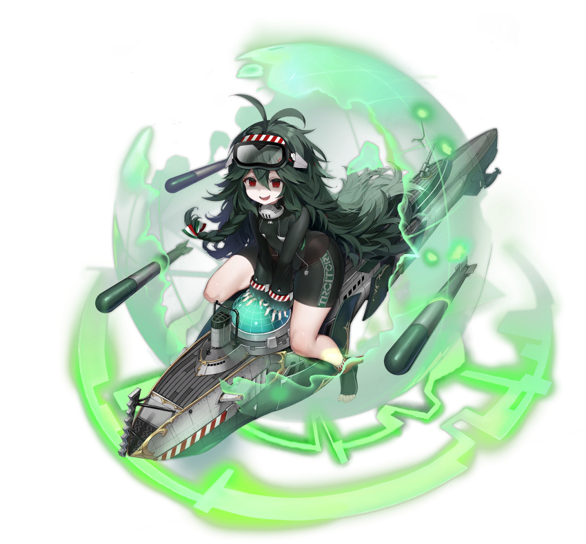 1girl antenna_hair azur_lane byulzzi dark_green_hair diving_mask diving_mask_on_head full_body goggles goggles_on_head hair_between_eyes hair_ribbon highres italian_flag long_hair official_art red_eyes ribbon ringed_eyes shaded_face solo sportswear submarine swimsuit thigh_tattoo thighs toeless_legwear toes torpedo torricelli_(azur_lane) transparent_background very_long_hair watercraft wetsuit