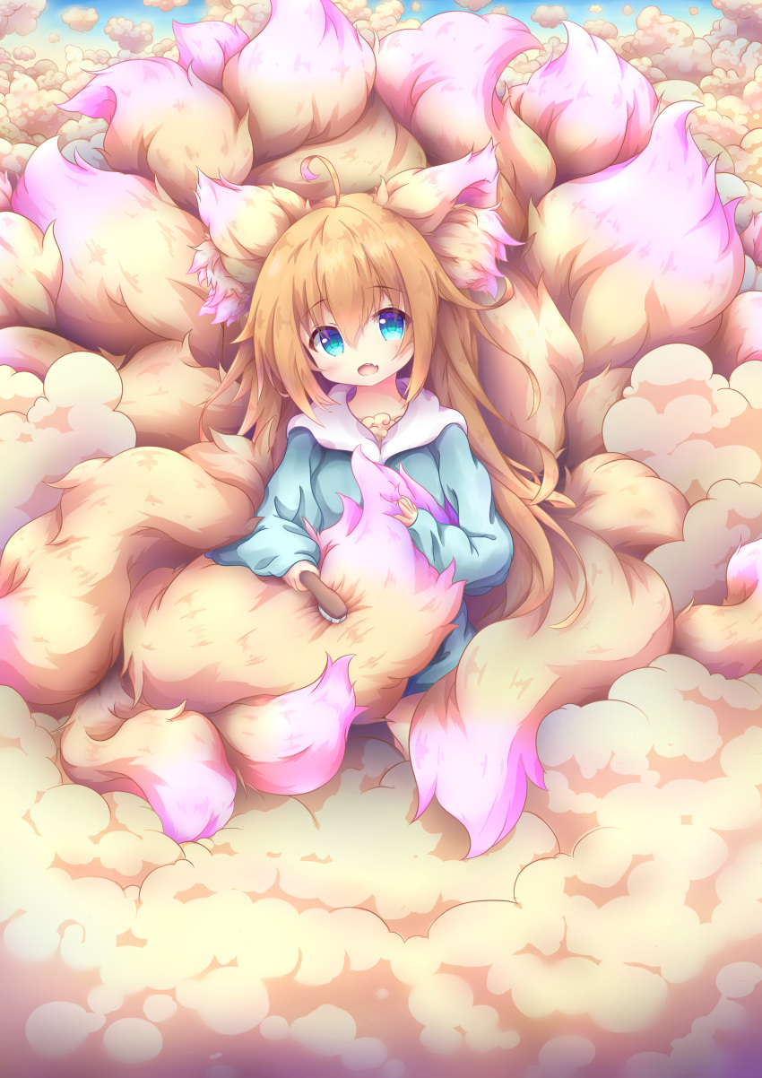 1girl absurdres ahoge animal_ears aqua_eyes bangs casual commentary_request eyebrows_visible_through_hair eyes_visible_through_hair fluffy fox_ears fox_girl fox_tail highres holding holding_brush large_tail light_brown_hair long_hair long_sleeves looking_at_viewer macaroni710 multiple_tails original sidelocks sitting solo tail tail_brushing too_much_fluff