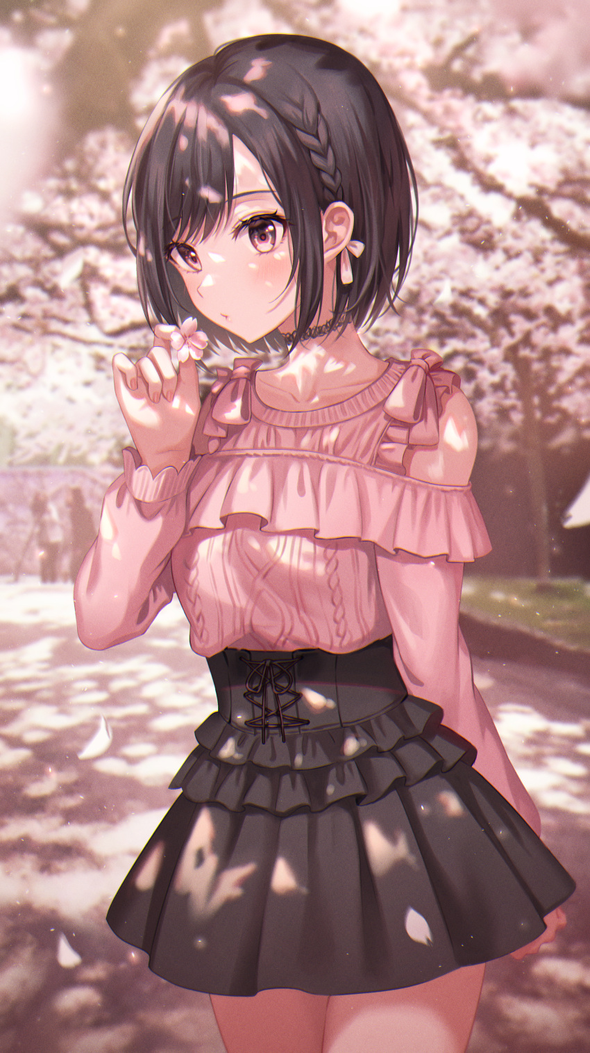 1girl absurdres bangs black_hair black_skirt blouse blush braid brown_eyes brown_hair cherry_blossoms clothing_cutout collarbone commentary_request cowboy_shot earrings flower highres holding huge_filesize jewelry long_sleeves looking_at_viewer outdoors petals pleated_skirt project_sekai shinonome_ena short_hair shoulder_cutout skirt solo standing swept_bangs tokkyu tree