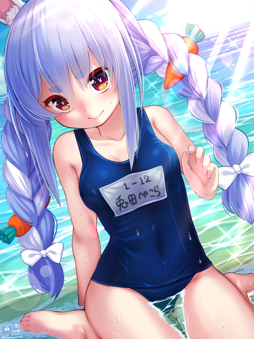 1girl animal_ear_fluff animal_ears bangs bare_shoulders beach blue_hair bow braid breasts carrot closed_mouth collarbone eyebrows_visible_through_hair hair_bow hand_up highres hikimayu hololive long_hair looking_at_viewer magowasabi medium_breasts multicolored multicolored_eyes partially_submerged purple_swimsuit rabbit_ears school_swimsuit see-through sidelocks sitting sleeveless smile solo sunlight swimsuit swimwear thighs twin_braids usada_pekora virtual_youtuber wariza water wet white_bow