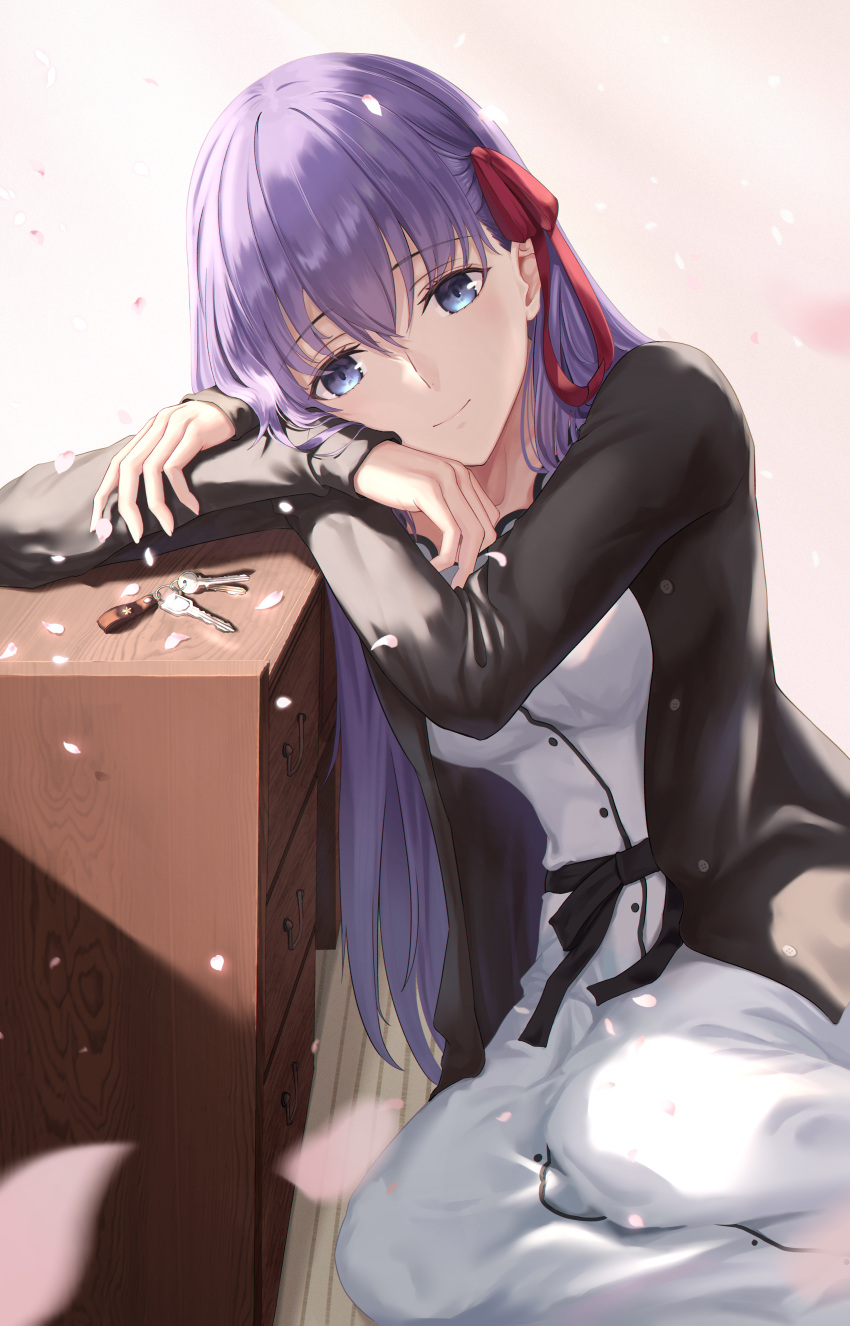 1girl absurdres black_jacket blue_eyes blurry blurry_foreground buttons cabinet closed_mouth commentary_request dress eyebrows_visible_through_hair fate/stay_night fate_(series) feet_out_of_frame hair_ribbon head_rest heaven's_feel highres jacket key light_smile long_hair long_sleeves looking_at_viewer matou_sakura petals purple_hair red_ribbon ribbon sitting solo tooku0 waist_bow white_dress yokozuwari