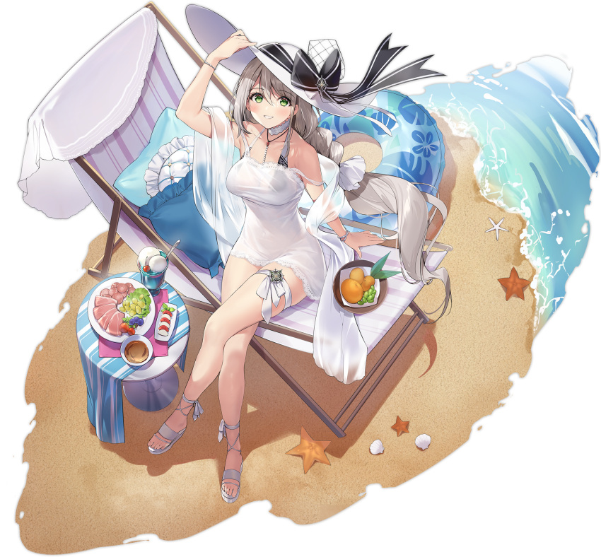 1girl aquila_(azur_lane) aquila_(sardegnian_shallows_and_sunshine)_(azur_lane) arm_support arm_up azur_lane bangs beach beach_chair blue_innertube blush bracelet braid breasts collarbone crossed_legs day eyebrows_visible_through_hair food frills from_above fruit full_body green_eyes grey_hair hat highleg highres holding ice_cream jewelry large_breasts legs long_hair looking_at_viewer looking_up navel necomi official_art outdoors parted_lips pillow round_table sand seashell shadow shell shiny shiny_hair shore silver_hair single_braid sitting smile solo starfish stomach striped sun_hat swimsuit table thigh_strap thighs toeless_footwear toes transparent_background vertical_stripes very_long_hair water white_footwear white_headwear