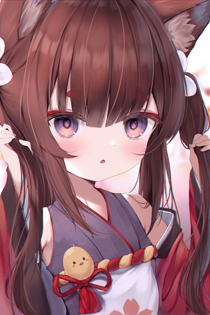 1girl adjusting_hair amagi-chan_(azur_lane) animal_ears azur_lane bangs blurry brown_hair commentary_request depth_of_field detached_sleeves fox_ears grey_eyes highres irokari japanese_clothes long_hair looking_at_viewer manjuu_(azur_lane) parted_lips sidelocks simple_background solo thick_eyebrows twintails white_background