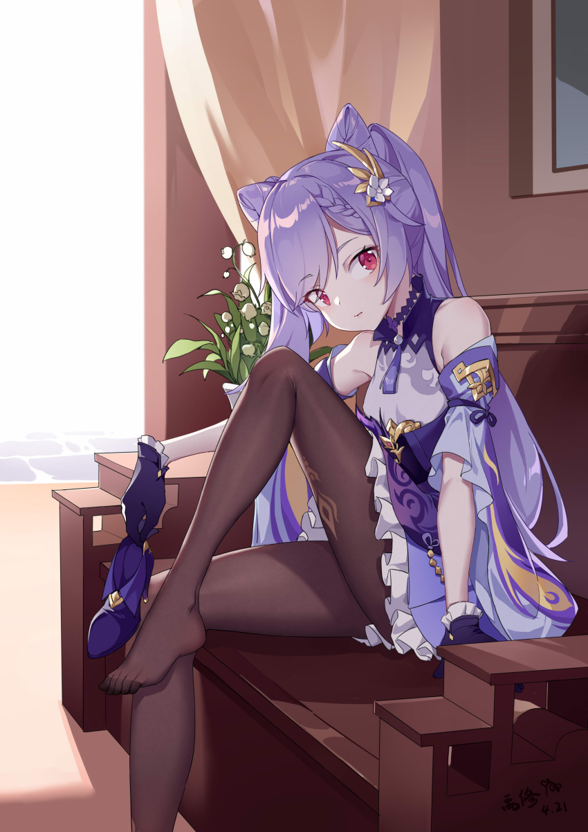 1girl absurdres bangs bare_shoulders blush braid brown_legwear choker closed_mouth couch curtains detached_sleeves dress eyebrows_visible_through_hair flower frilled_dress frilled_gloves frills genshin_impact gloves hair_cones hair_flower hair_ornament high_heels highres indoors keqing_(genshin_impact) knee_up lily_of_the_valley long_hair looking_at_viewer on_couch pantyhose plant potted_plant purple_choker purple_dress purple_footwear purple_gloves purple_hair red_eyes shoes_removed short_sleeves sitting solo swept_bangs tassel twintails white_flower yu_xiu